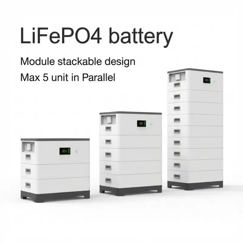 LiFePO4 battery module with stackable design, supporting max 5 units in parallel connection for scalable energy storage.